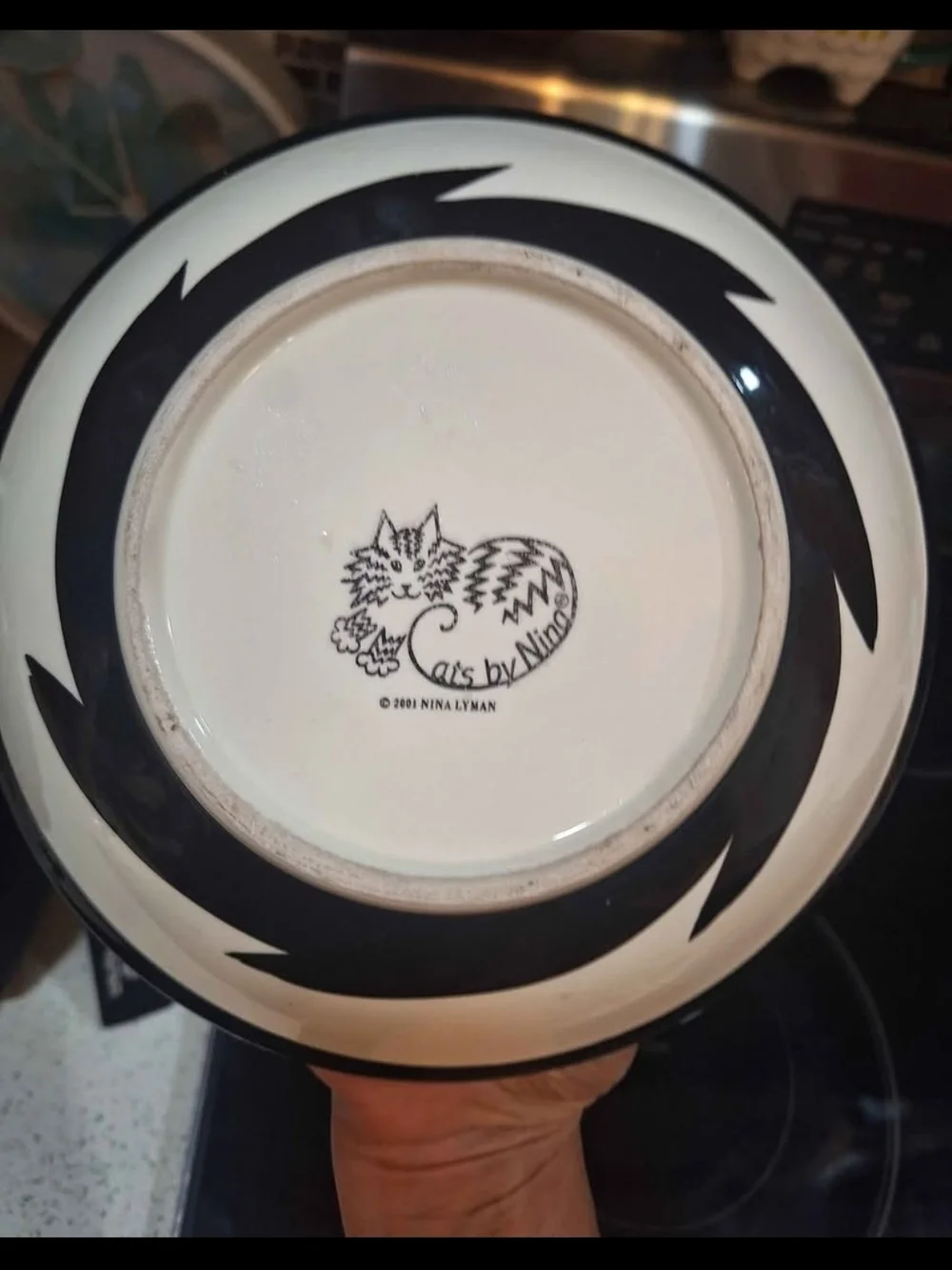 Hand-Painted Cat Ceramic Bowl - White with Black Cats By Nina